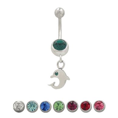 Surgical Steel 14 Gauge Belly Ring with Dangle Dolphin & Jewel