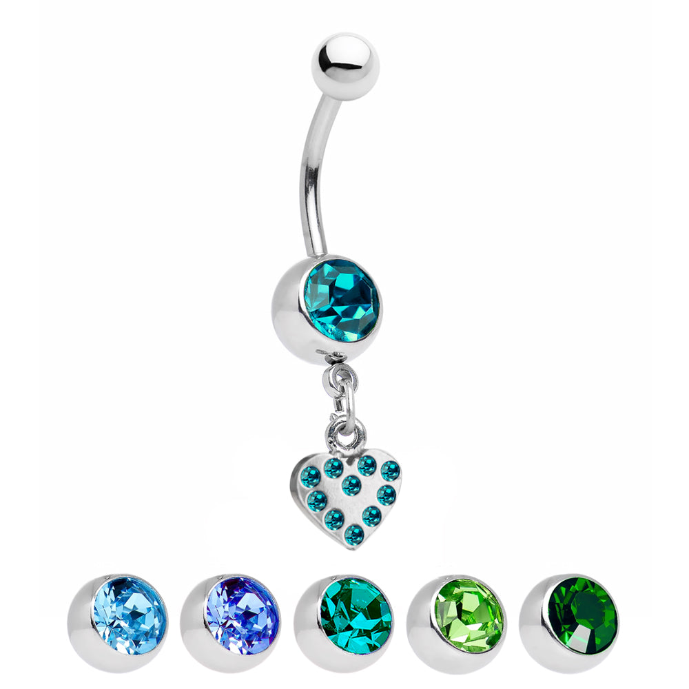 Surgical Steel 14 Gauge Belly Ring with Heart Dangle & CZ Gems