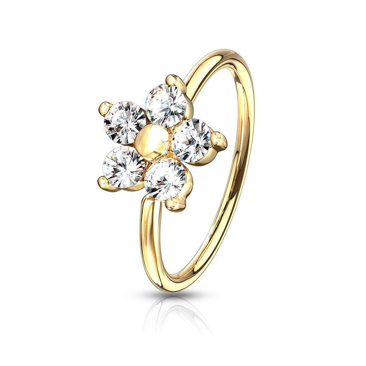 14 Karat Gold Plated Bendable Hoop Nose Ring 20 Gauge & CZ Flower Top
