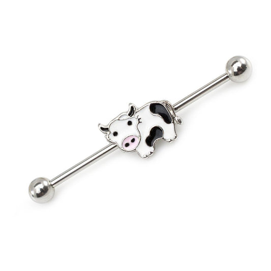 Surgical Steel Industrial Barbell 14 Gauge 1-1/2" (38 MM) & Cow Charm