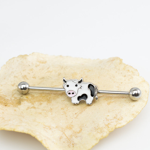 Surgical Steel Industrial Barbell 14 Gauge 1-1/2" (38 MM) & Cow Charm