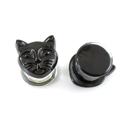 Double Flared Pyrex Glass Plug Ear 0 to 1/2" Gauge & Black Cat - Pair