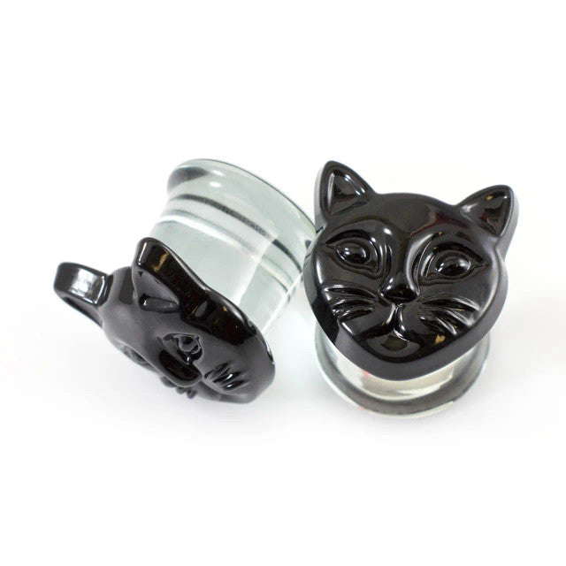 Double Flared Pyrex Glass Plug Ear 0 to 1/2" Gauge & Black Cat - Pair