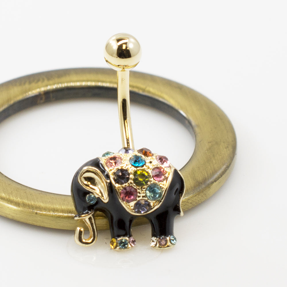 Surgical Steel 14 Gauge Belly Ring with Black Enamel Elephant and CZ - photo 4