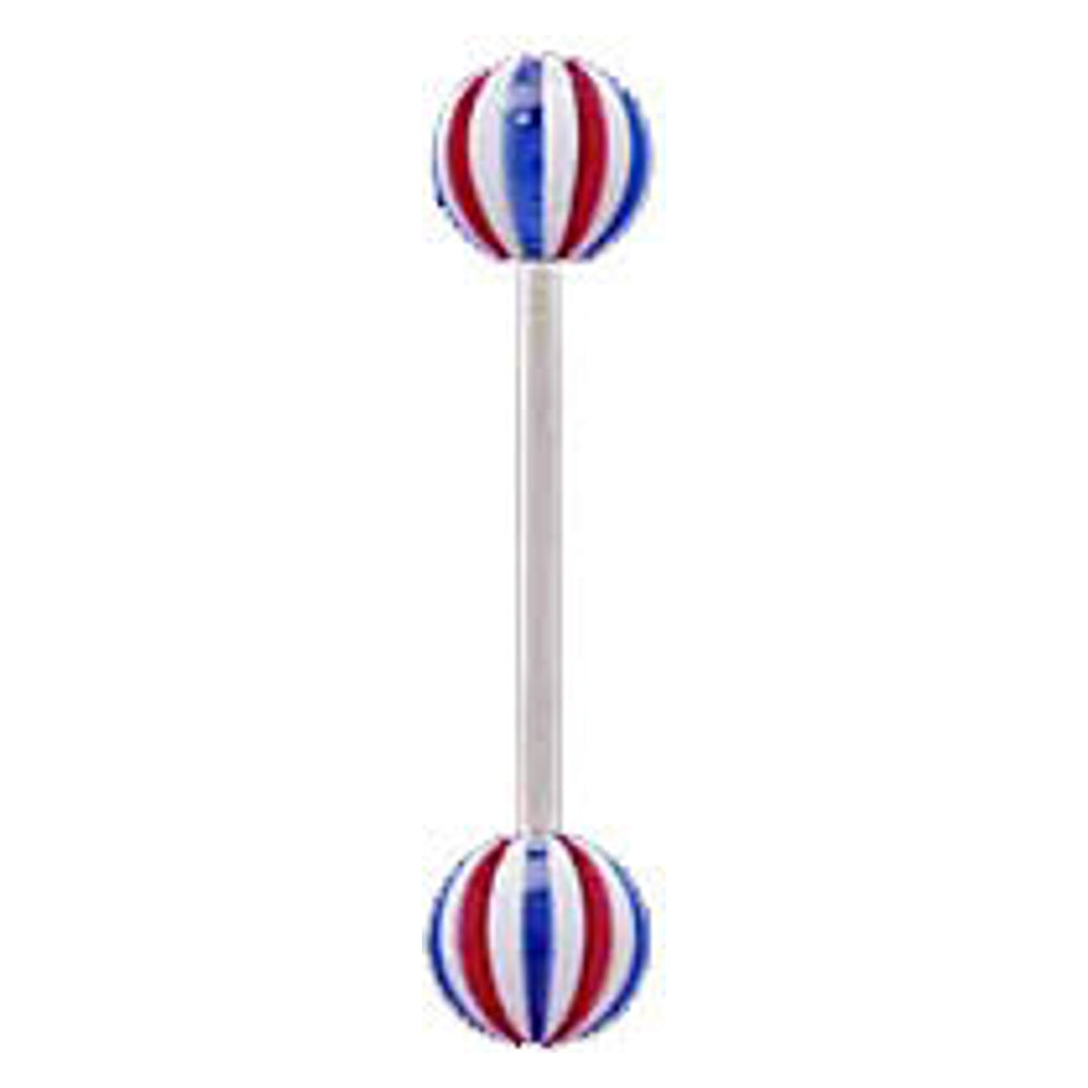 Surgical Steel 14 Gauge Barbell with Blue Red Stripe UV Beads