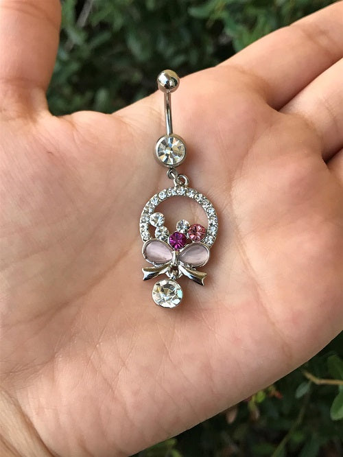 Surgical Steel 14 Gauge Belly Ring with Pink & Purple CZ Bow - photo 2