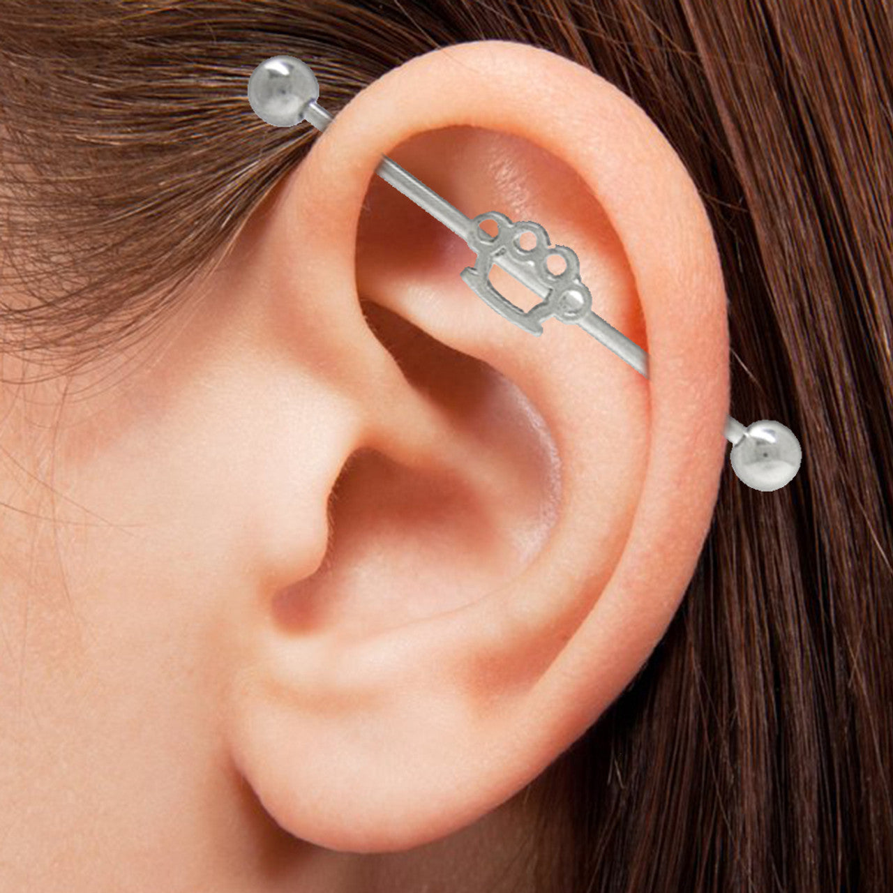 Surgical Steel Industrial Barbell 14 Gauge 38 MM & Brass Knuckle Charm