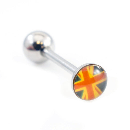 Surgical Steel Tongue Ring Straight Barbell 14 Gauge & British Flag Logo