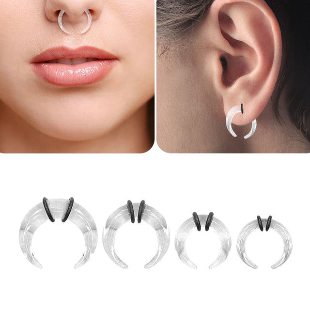 Acrylic Clear Bull Horn Tapers Septum & Ear Plugs with 2 O-Rings