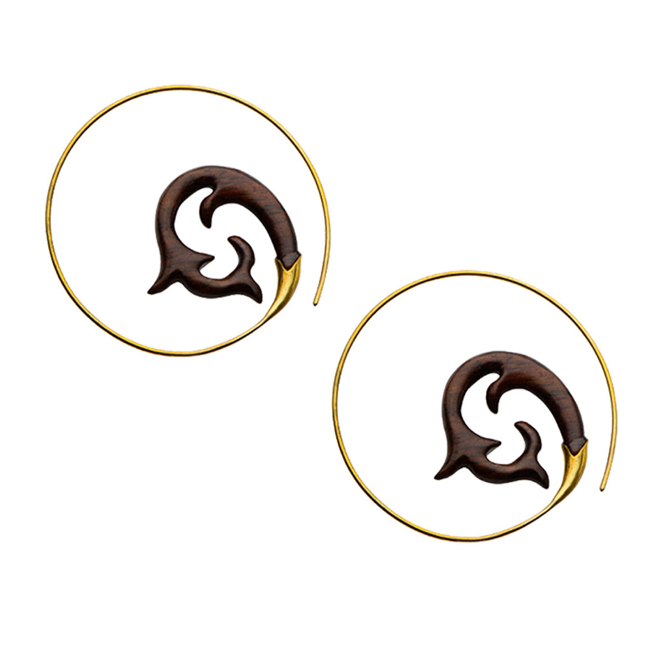 Brass Spiral Hoop Earrings 18 Gauge Carved Wood Tribal Dolphin - Pair