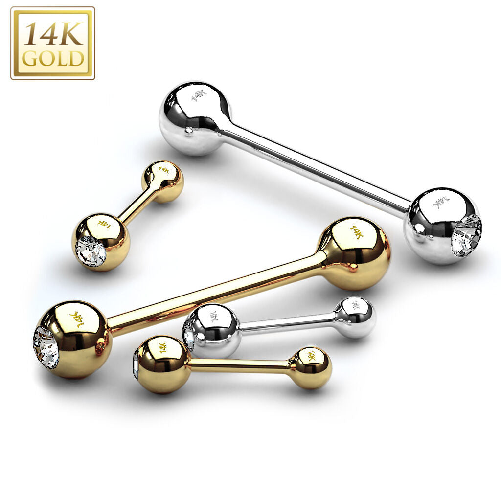 14 Karat Gold Straight Barbell 14 Gauge 5/8" (16 MM) With CZ Gem Top