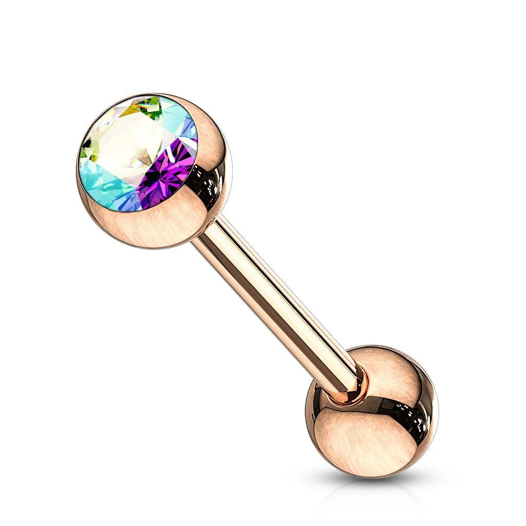 Surgical Steel Tongue Ring Straight Barbell 14 Gauge Rose Gold CZ Gem