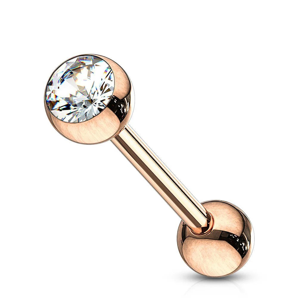 Surgical Steel Tongue Ring Straight Barbell 14 Gauge Rose Gold CZ Gem
