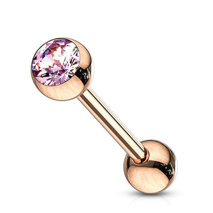 Surgical Steel Tongue Ring Straight Barbell 14 Gauge Rose Gold CZ Gem
