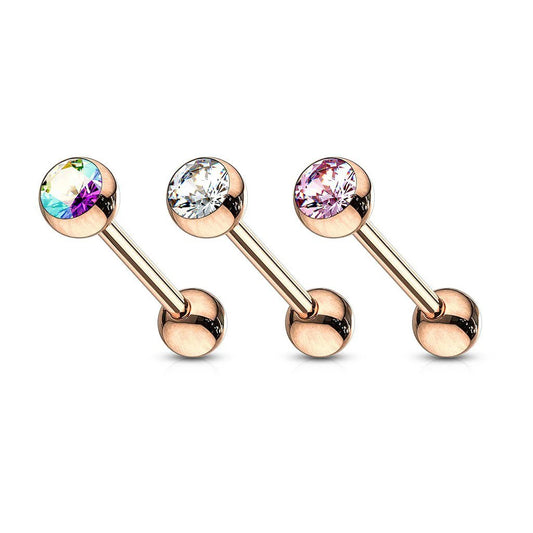 Surgical Steel Tongue Ring Straight Barbell 14 Gauge Rose Gold CZ Gem