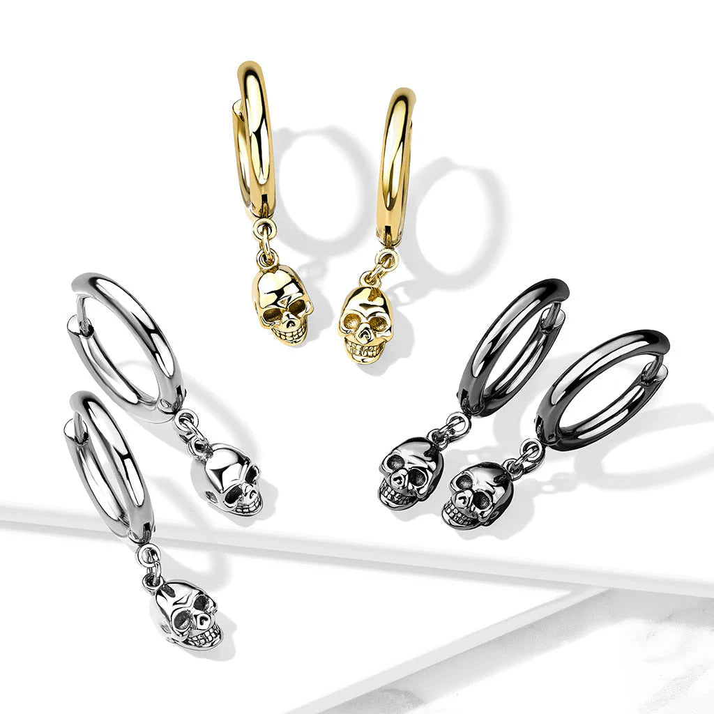 Surgical Steel Hoop Earring 20 Gauge With Dangle Skull - Pair