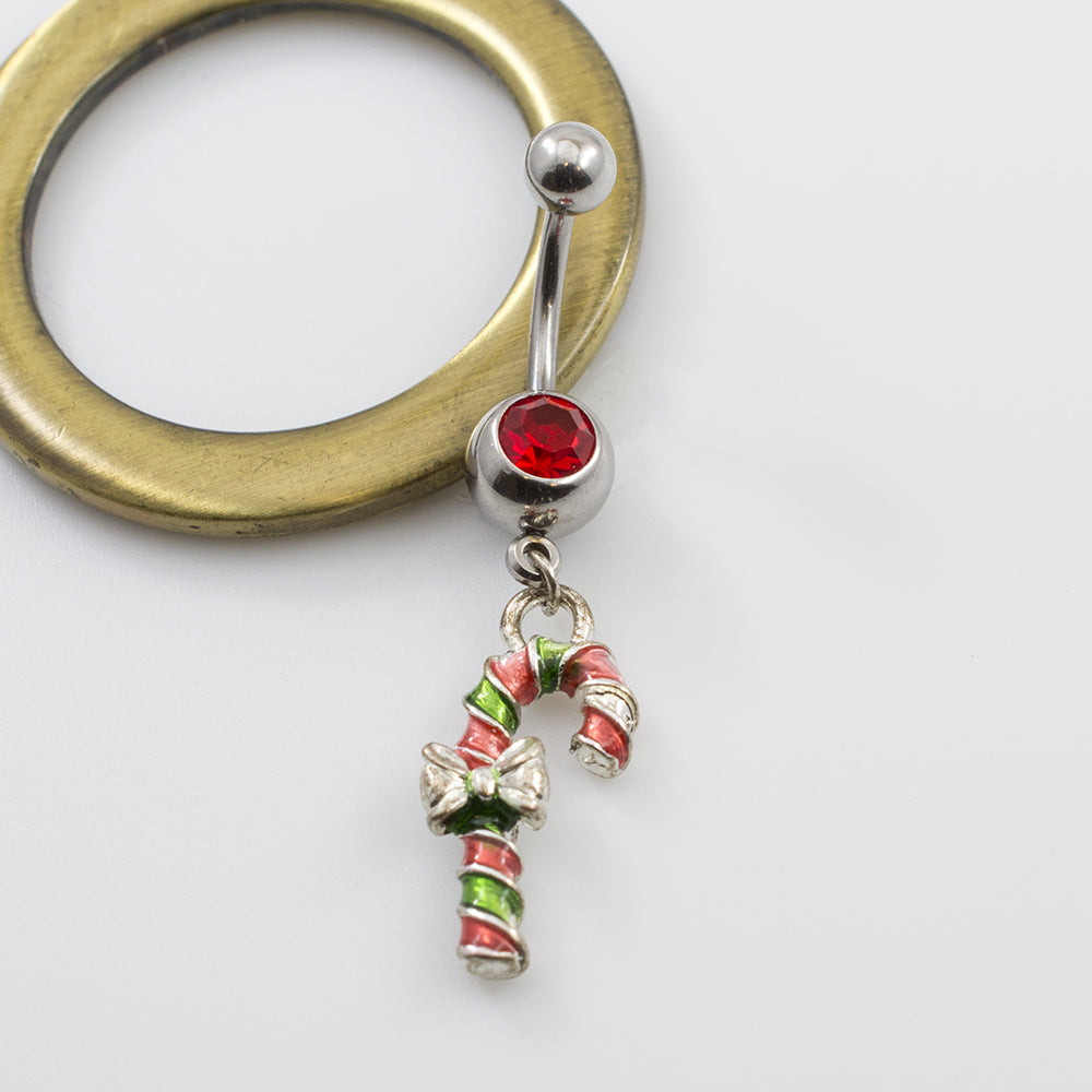 Surgical Steel 14 Gauge Christmas Candy Cane Jeweled Belly Ring - photo 4