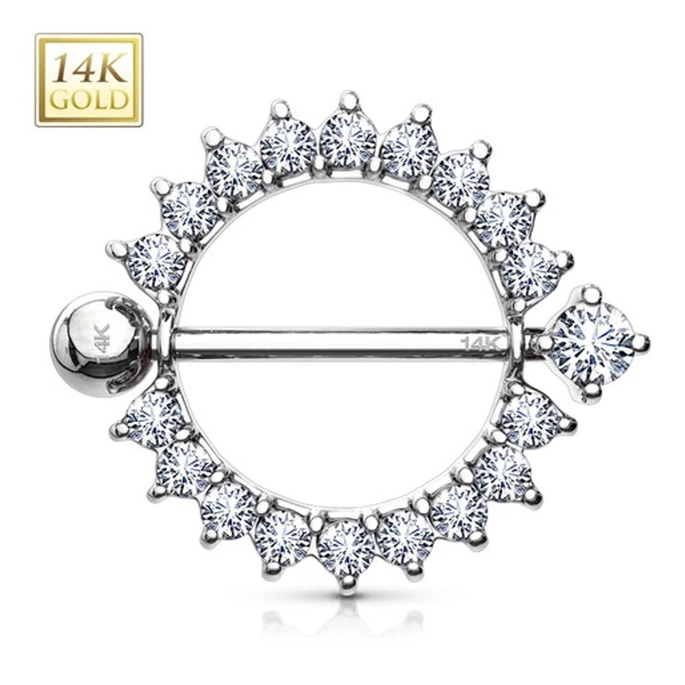 14K Solid Gold 14 Gauge Nipple Shield with Circle CZ Gems - Pair - photo 3