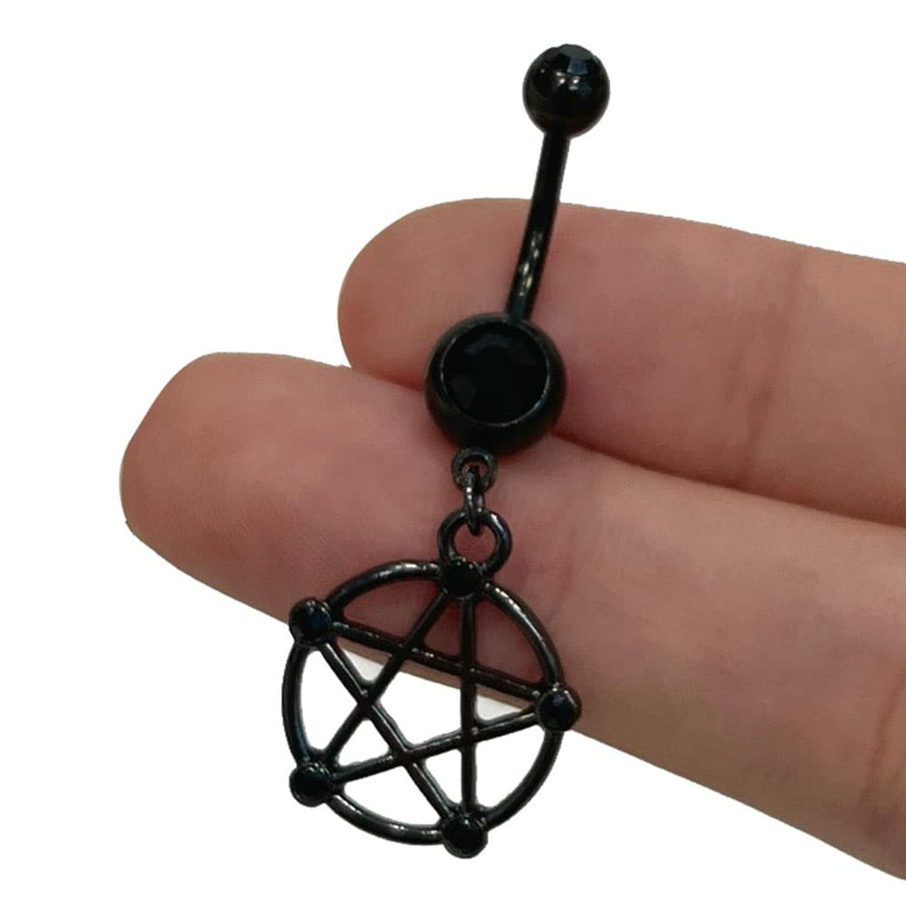 Surgical Steel Belly Button Ring 14 Gauge With Black Gem & Pentacle