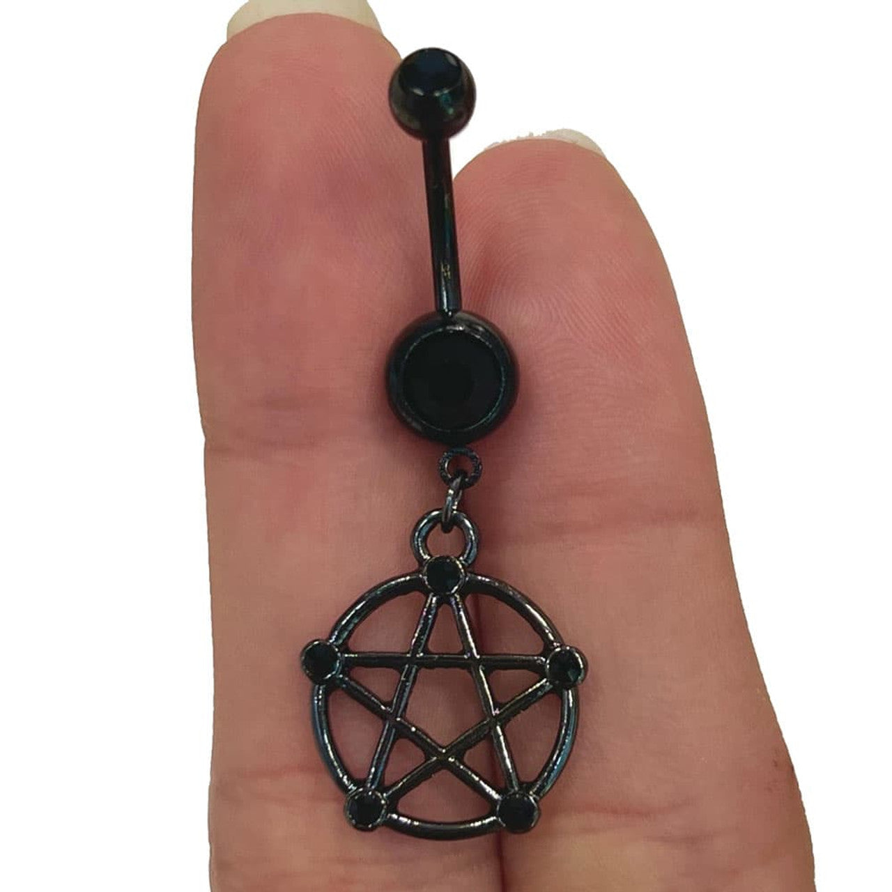 Surgical Steel Belly Button Ring 14 Gauge With Black Gem & Pentacle
