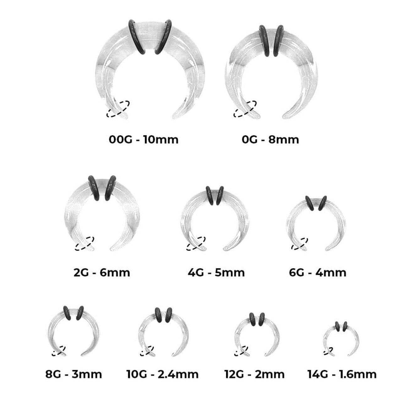 Acrylic Clear Bull Horn Tapers Septum & Ear Plugs with 2 O-Rings