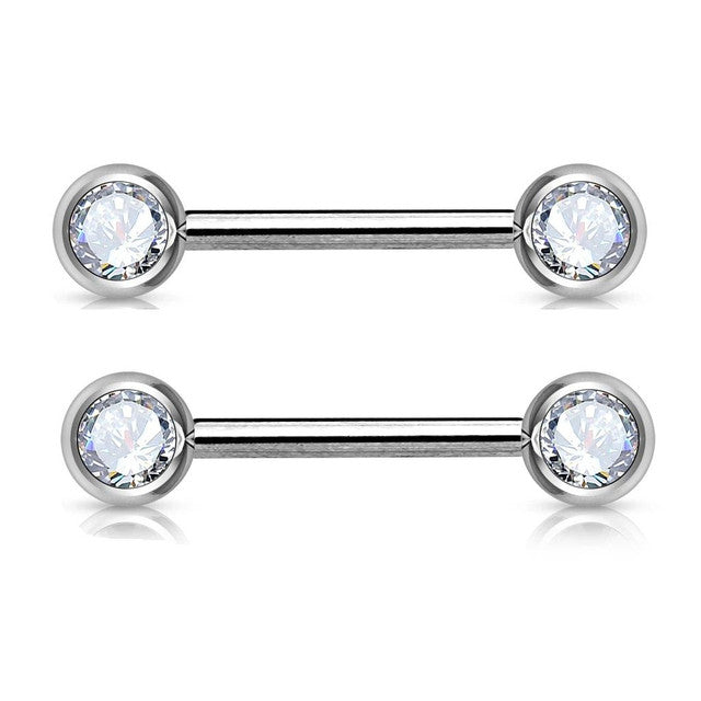 Surgical Steel 14 Gauge Nipple Barbell Clear CZ with Bezel - Pair