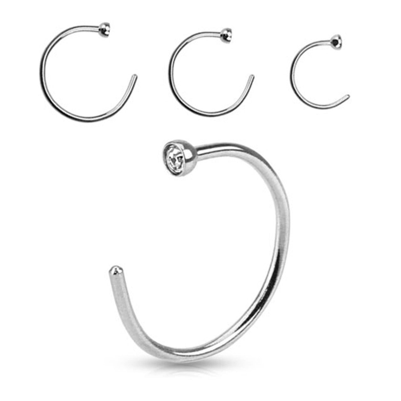 Surgical Steel Nose Ring Hoop 22 & 20 Gauge With Clear Gemmed Top