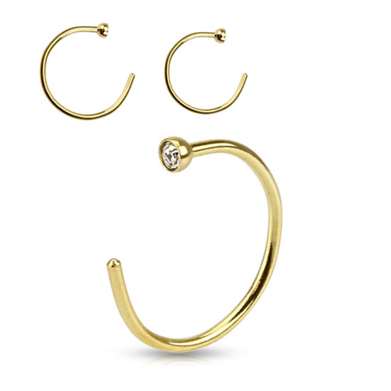 Surgical Steel Nose Ring Hoop 20 Gauge Clear Gemmed Top Gold IP