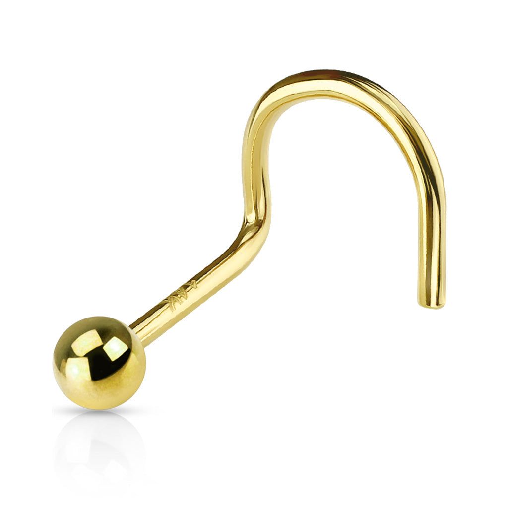 14K Solid Gold Corkscrew Nose Stud with Ball - 18, 20 & 22 Gauge