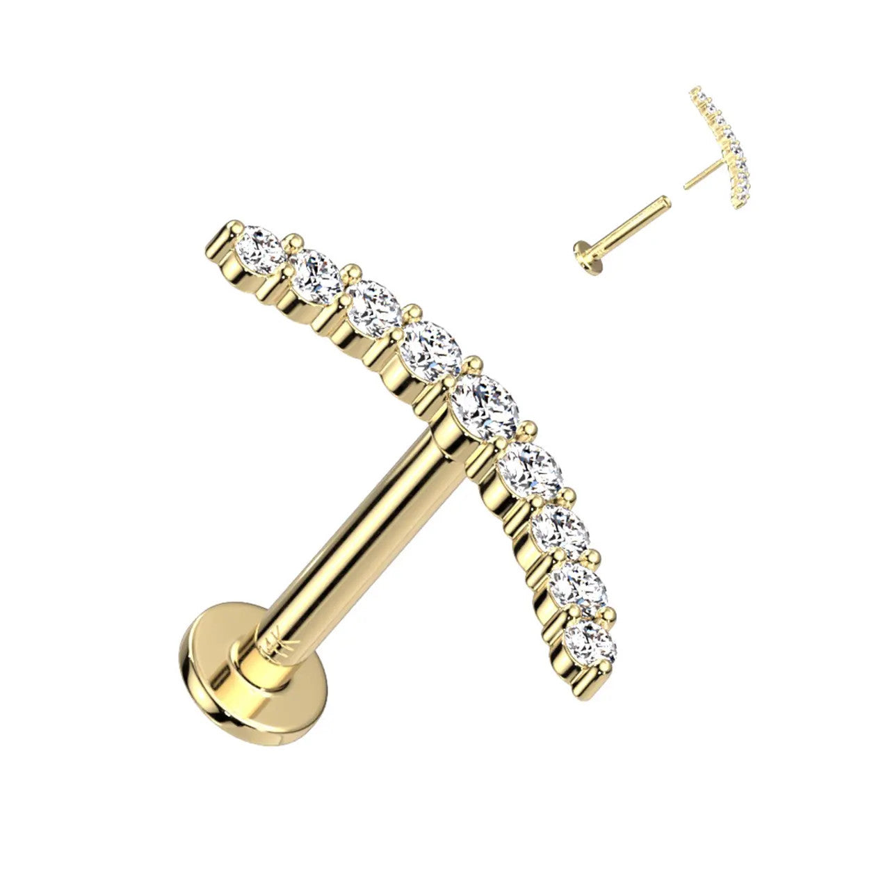 14 Karat Gold Cartilage Labret Stud 18 & 16 Gauge & CZ Curved Climber