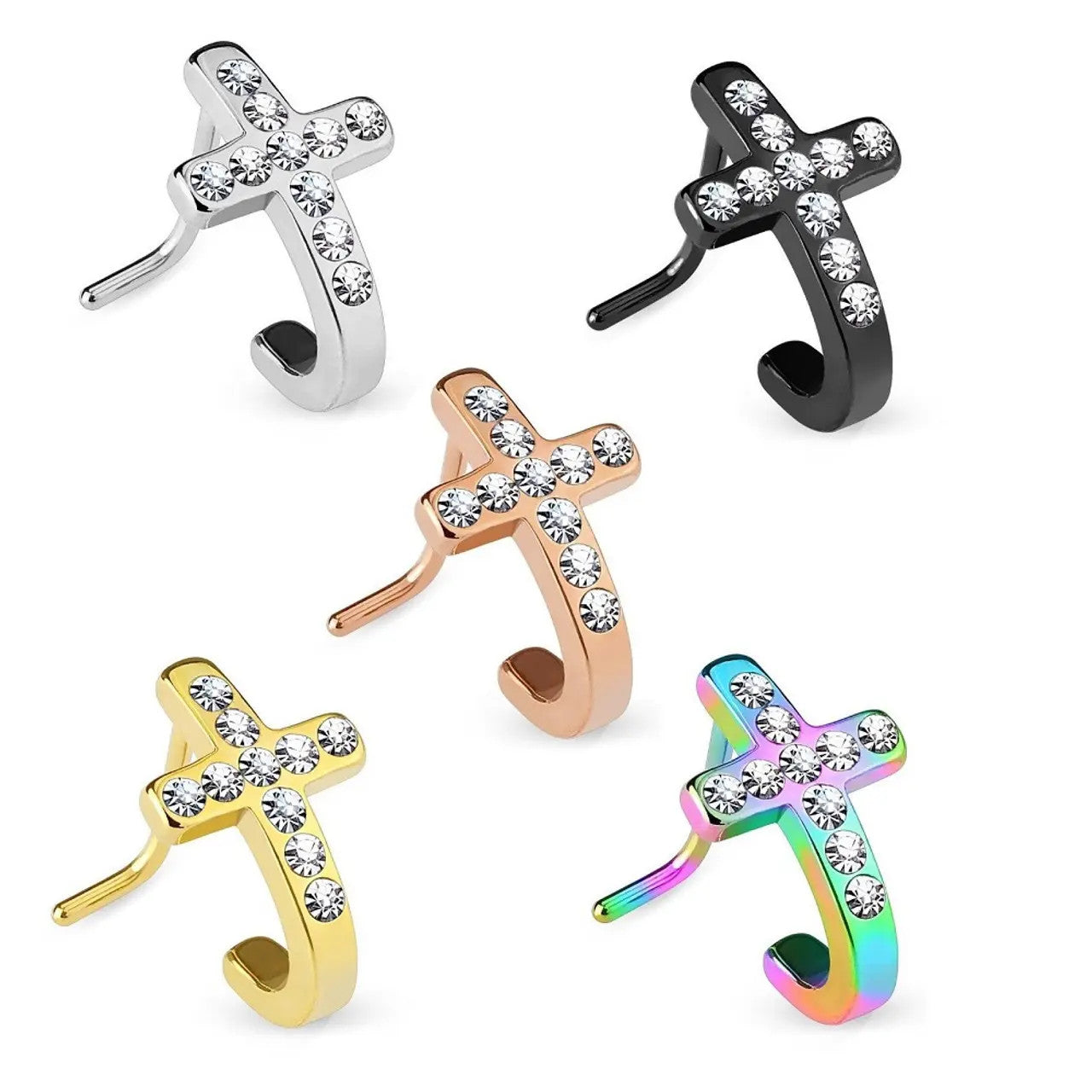 Surgical Steel Nose Ring Stud 20 Gauge 1/4" L Bend with Cross & Gem