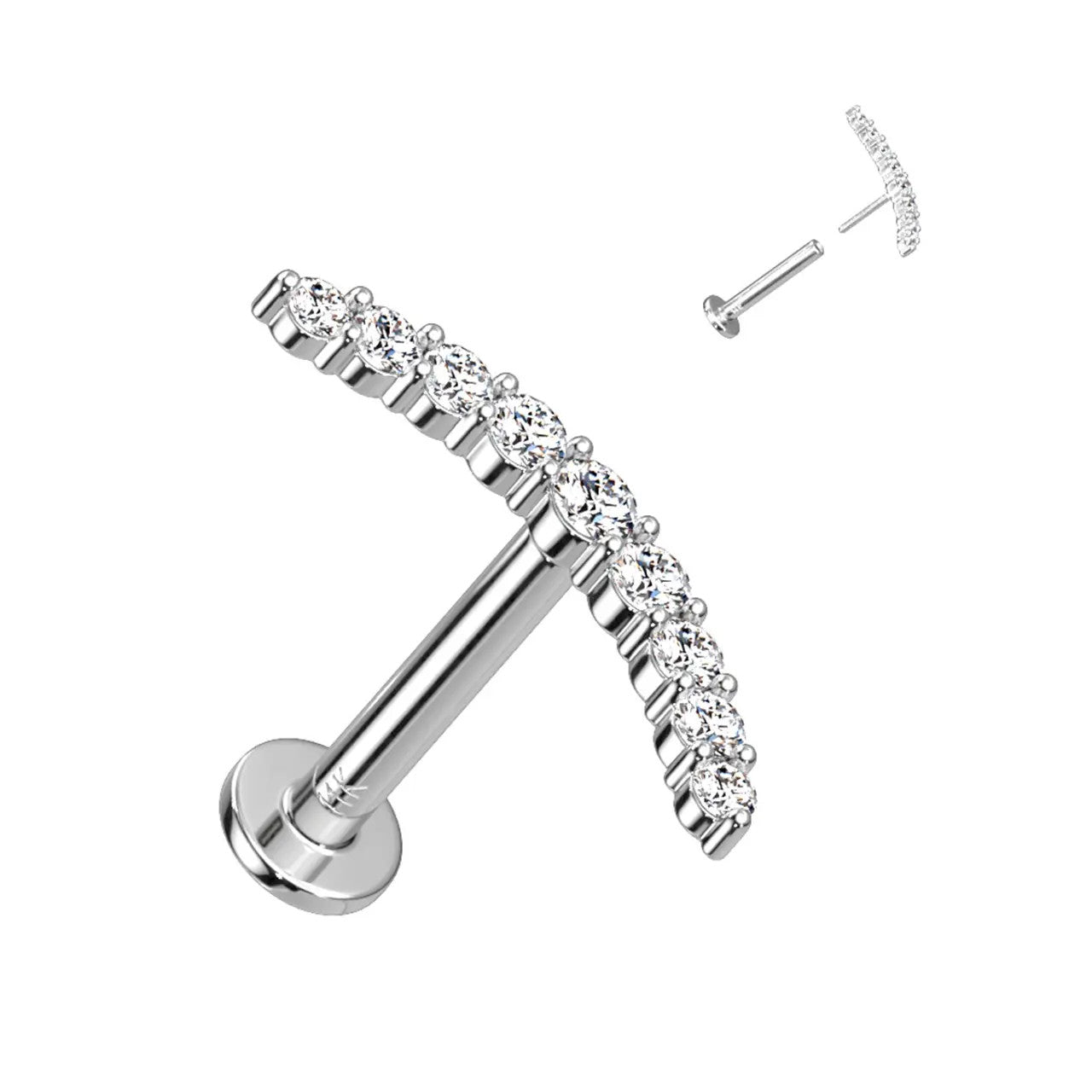 14 Karat Gold Cartilage Labret Stud 18 & 16 Gauge - CZ Curved Climber