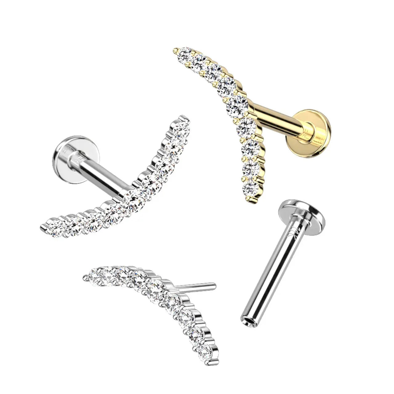 14 Karat Gold Cartilage Labret Stud 18 & 16 Gauge - CZ Curved Climber