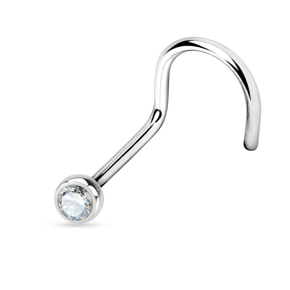 Surgical Steel Nose Screw with Bezel Set Clear CZ - 18 & 20 Gauge