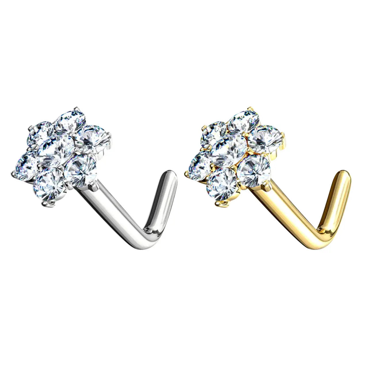 14 Karat Solid Gold Nose Ring Stud 20 18 Gauge 1/4" L Bend & CZ Flower