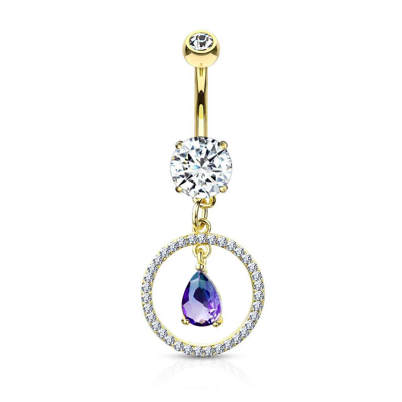 Surgical Steel Belly Button Ring 14 Gauge & Two Tone Gem Circle Dangle