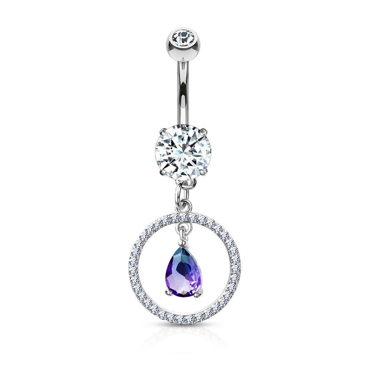 Surgical Steel Belly Button Ring 14 Gauge & Two Tone Gem Circle Dangle