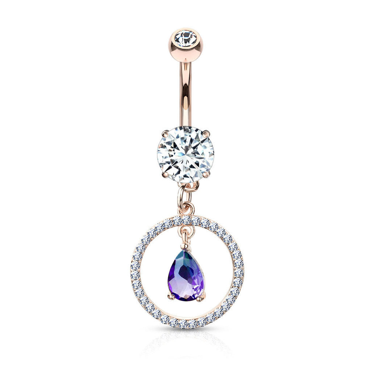 Surgical Steel Belly Button Ring 14 Gauge & Two Tone Gem Circle Dangle