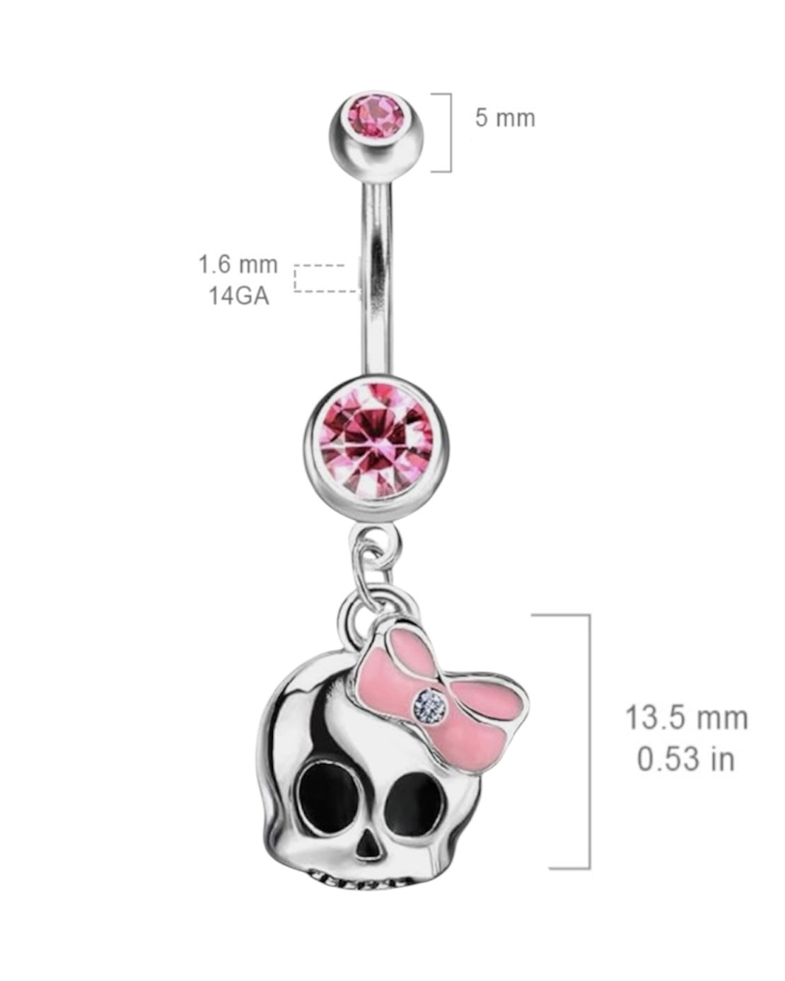 Surgical Steel 14 Gauge Dangle Belly Ring with Pink Bow Skull CZ - photo 2