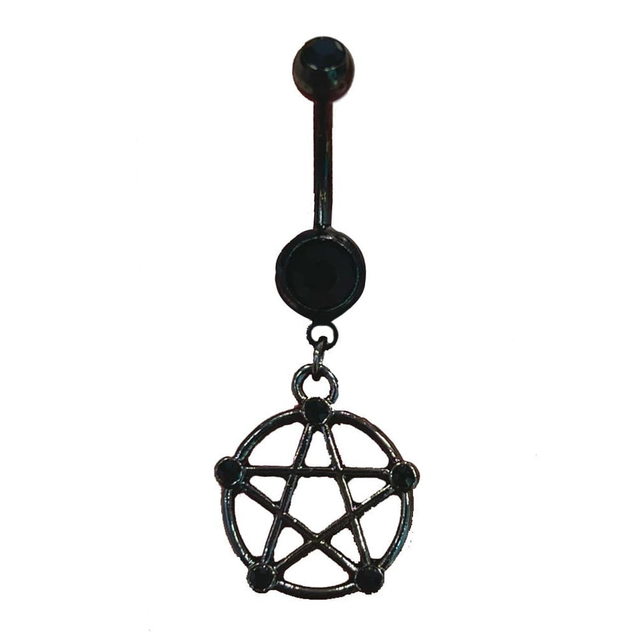Surgical Steel Belly Button Ring 14 Gauge With Black Gem & Pentacle
