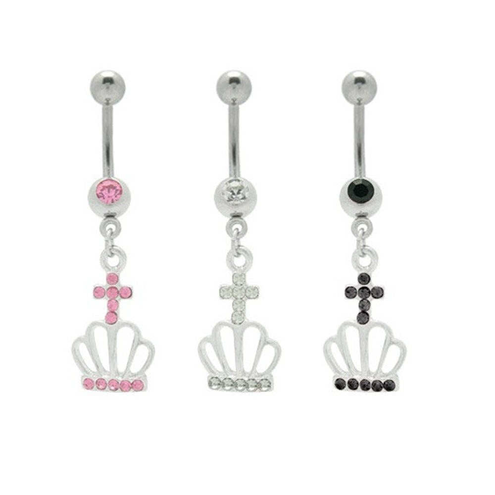 Surgical Steel 14 Gauge Belly Ring with Dangle Crown Cross CZ