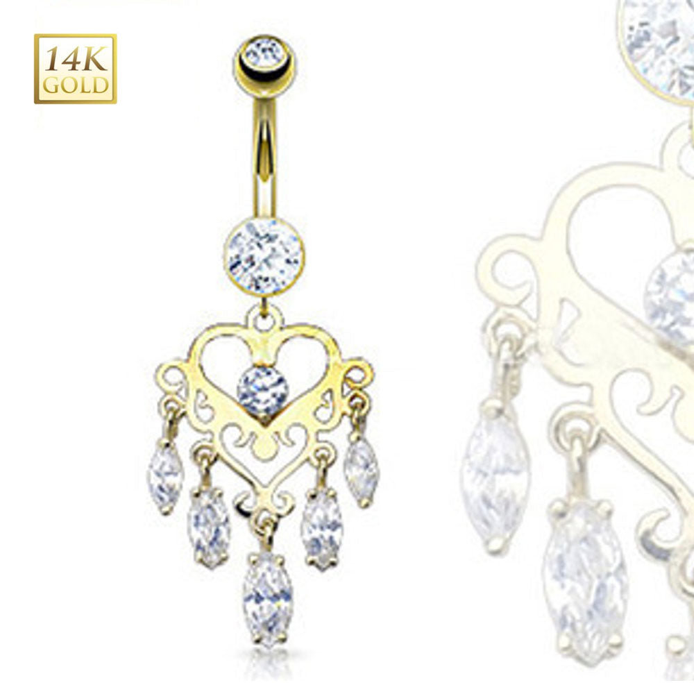 14K Solid Gold 14 Gauge Belly Ring with Dangle Chandelier Marquise