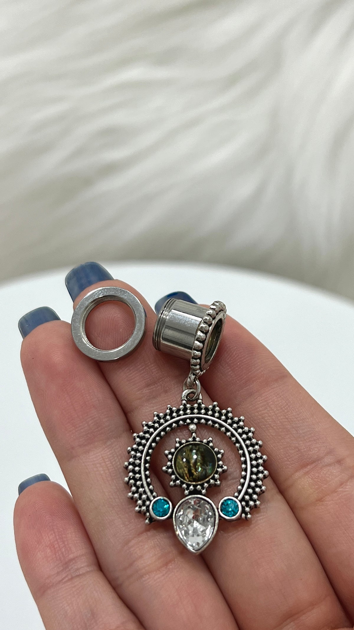 Surgical Steel 0 to 9/16 Inch Screw Fit Tunnel with Dangle Opal CZ - photo 7