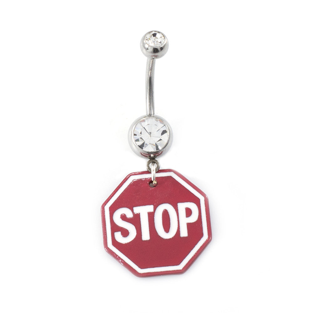 Surgical Steel 14 Gauge Belly Ring with Dangle Stop Sign