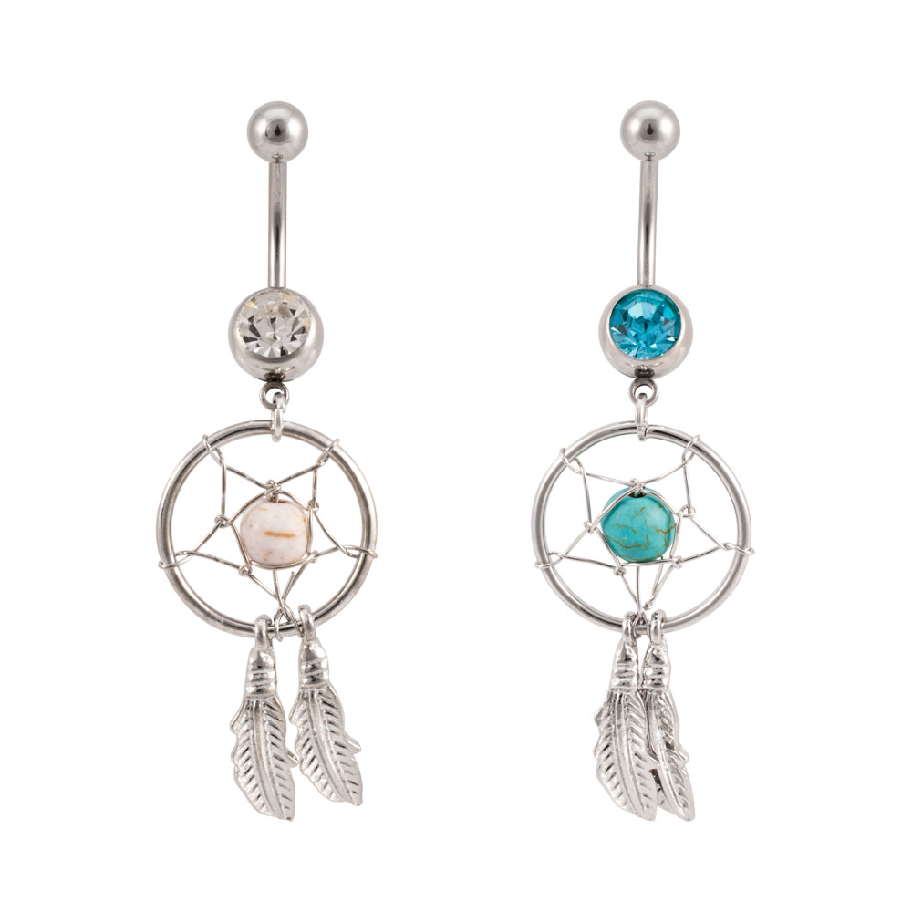 Surgical Steel 14 Gauge Belly Rings with Dangle Dreamcatcher CZ - Pair