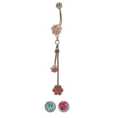 Surgical Steel 14 Gauge Belly Ring with Dangling Flower and CZ