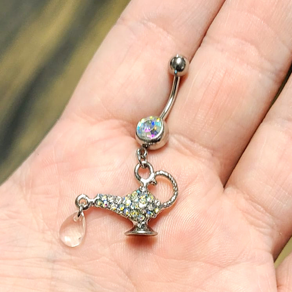 Surgical Steel 14 Gauge Belly Ring with Paved CZ Genie Lamp Dangle - photo 4