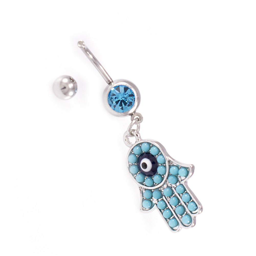 Surgical Steel 14 Gauge Belly Ring CZ with Dangling Hamsa Hand - photo 2