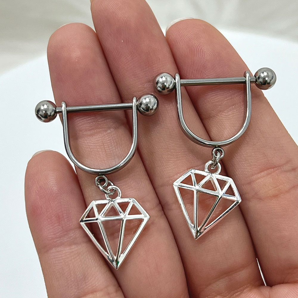 Surgical Steel & Titanium Nipple Stirrup 14G with Diamond Charm - Pair - photo 5