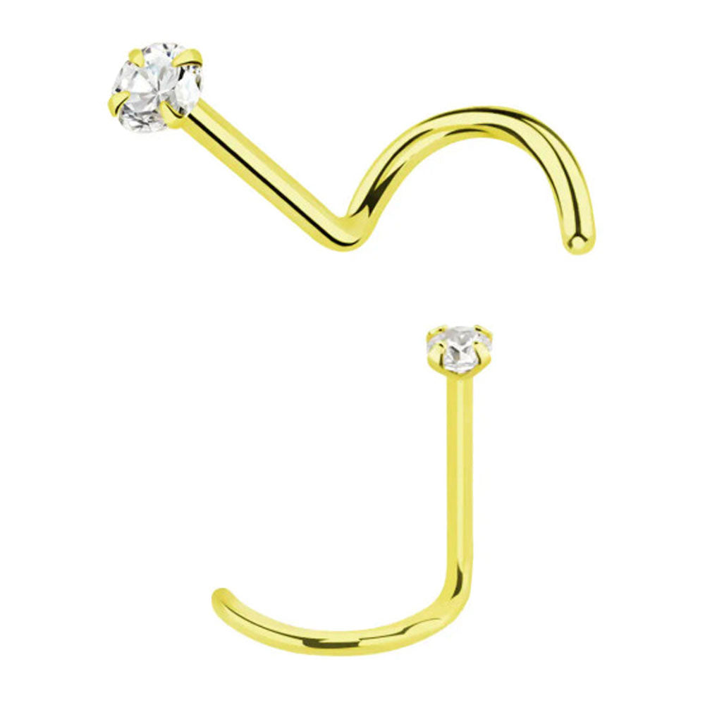 18K Solid Yellow Gold Corkscrew Nose Stud 22 Gauge 6mm with Diamond - photo 5